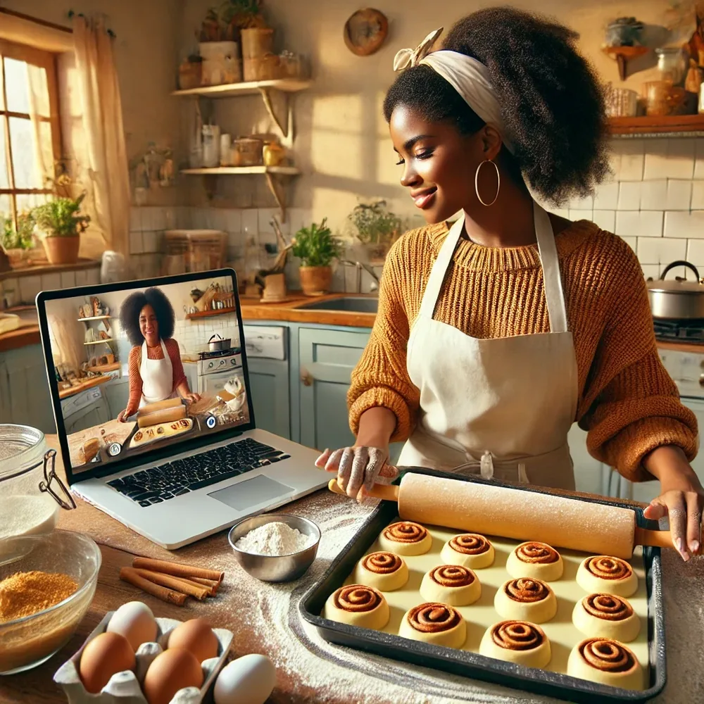 A virtual baking class with cinnamon rolls being prepared.
