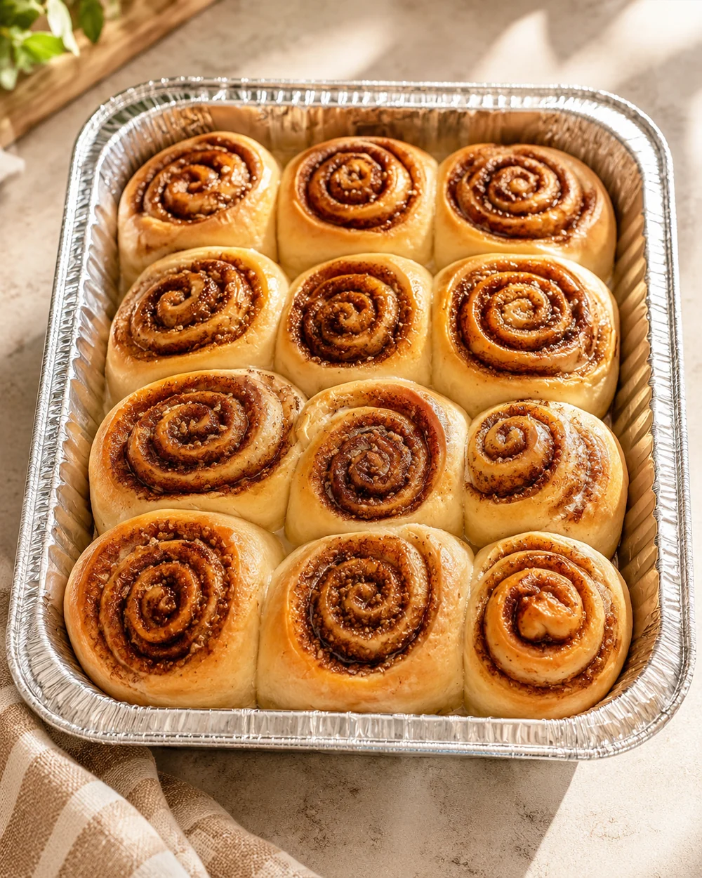 Fresh cinnamon rolls in a pan.
