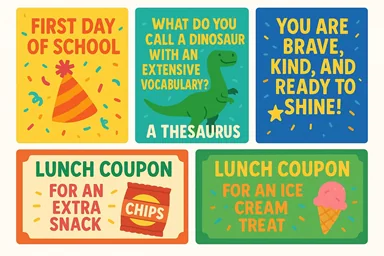 Printable lunch notes with affirmations, jokes, and lunch coupons.
