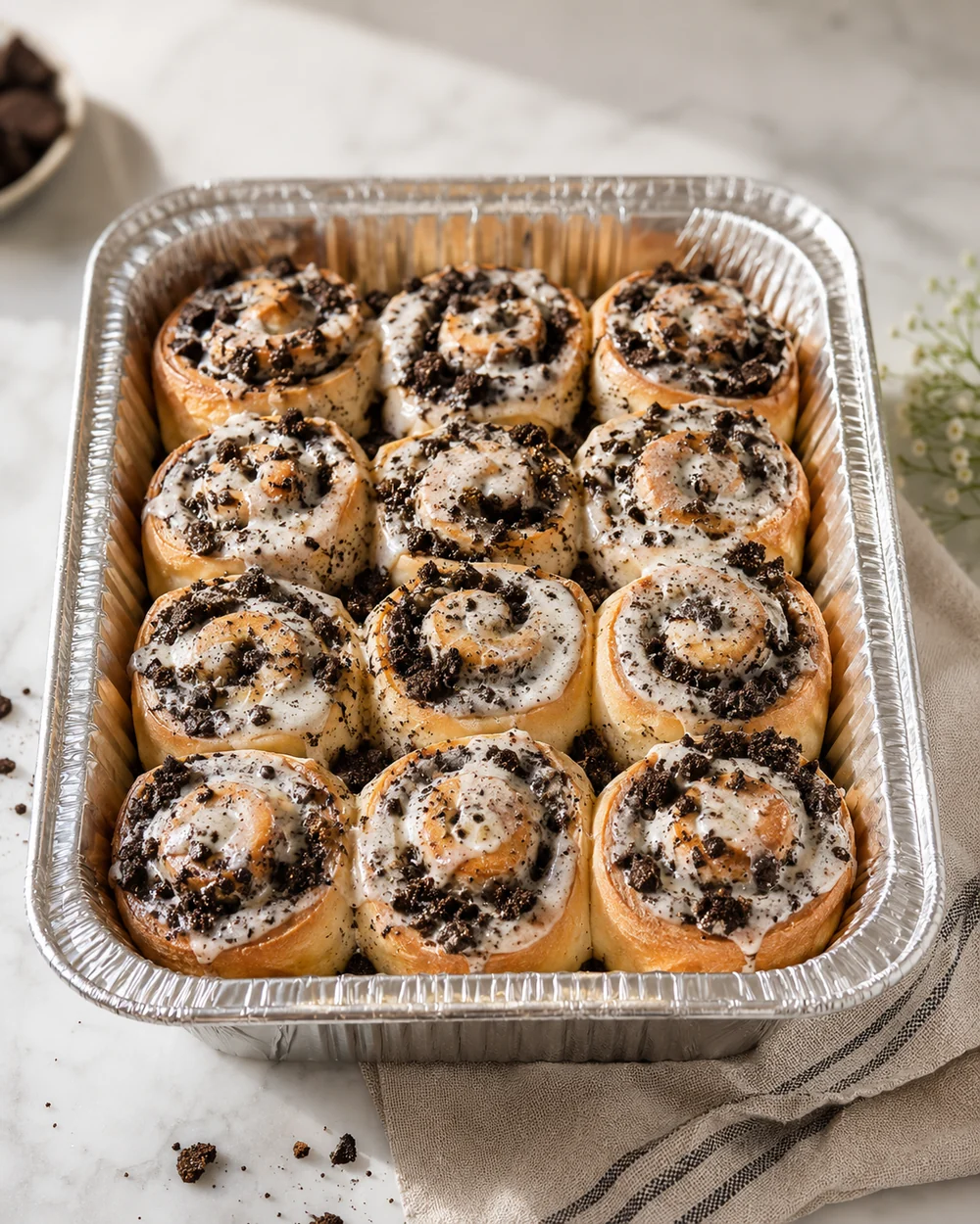 Oreo specialty rolls in a pan.